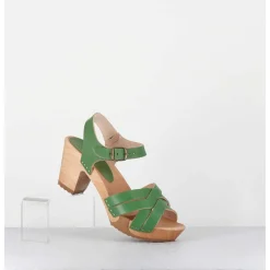 Sandales-Sabots A Talon Leger Cuir Vert Pomme - 236-109 Veg Pomme