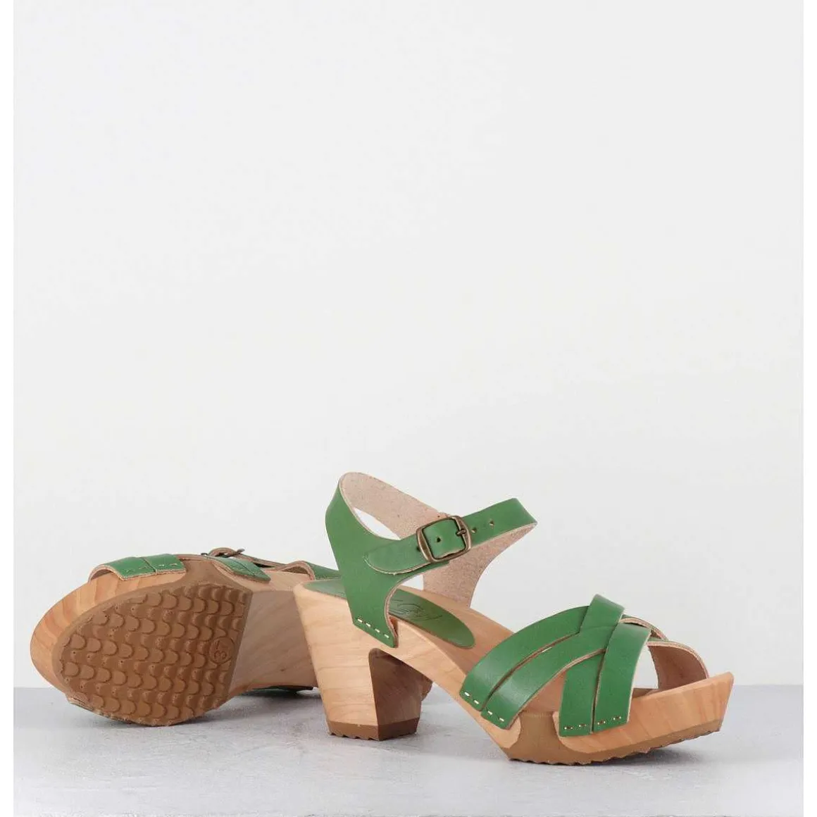 Sandales-Sabots A Talon Leger Cuir Vert Pomme - 236-109 Veg Pomme