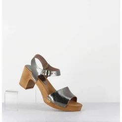 Sandales-Sabots A Talon Legers En Cuir Metallise Argente - 484-054 Old Metal