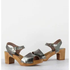 Sandales-Sabots A Talon Legers En Cuir Metallise Argente - 484-054 Old Metal