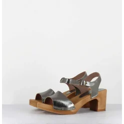 Sandales-Sabots A Talon Legers En Cuir Metallise Argente - 484-054 Old Metal