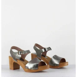 Sandales-Sabots A Talon Legers En Cuir Metallise Argente - 484-054 Old Metal