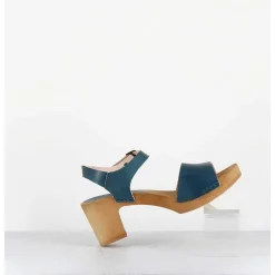 Sandales-Sabots A Talon Legers En Cuir Bleu - 484-054 Veg Petrol