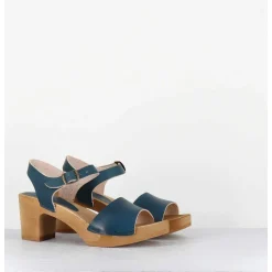 Sandales-Sabots A Talon Legers En Cuir Bleu - 484-054 Veg Petrol