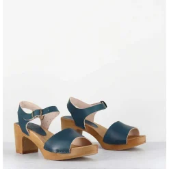 Sandales-Sabots A Talon Legers En Cuir Bleu - 484-054 Veg Petrol