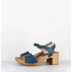 Sandales-Sabots A Talon Legers En Cuir Bleu - 484-054 Veg Petrol