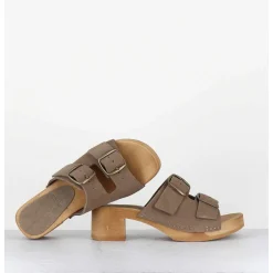 Sandales-Sabots Flexible Boucles Daim Taupe Petit Talon - 487-059 Daim Taupe