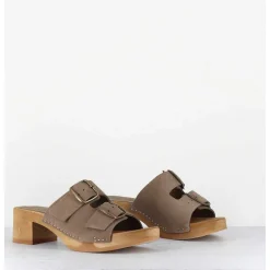 Sandales-Sabots Flexible Boucles Daim Taupe Petit Talon - 487-059 Daim Taupe