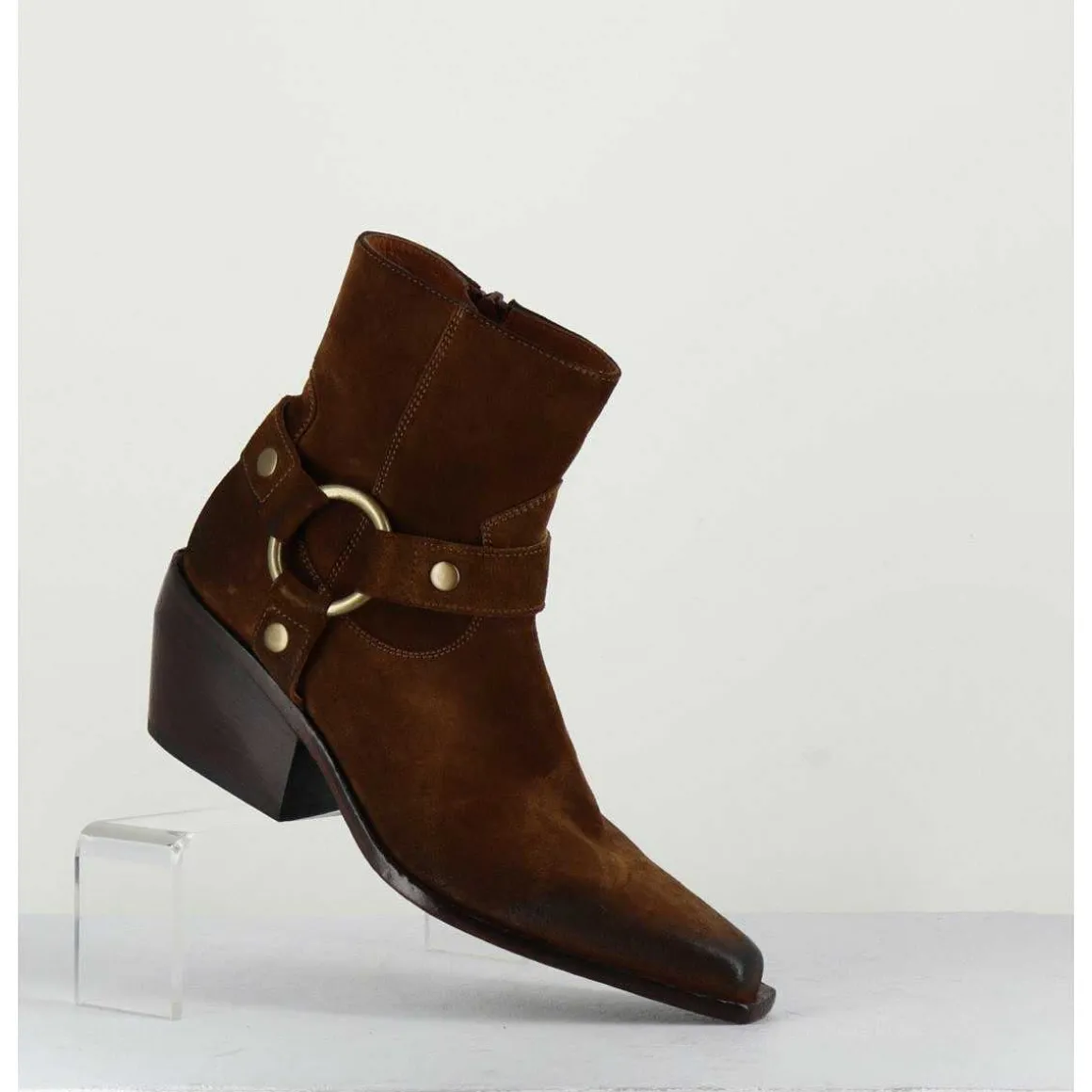 Santiags Boucle Western Bout Carre Daim Marron - E2646 Velour Nucciola