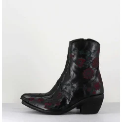 Santiags Cuir Noir Broderies Fleurs - 3843 Ignis Nero