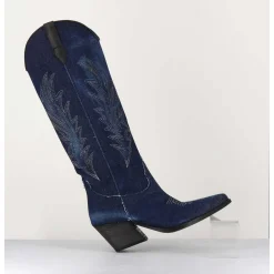 Santiags Hautes En Jean Bleu & Cuir Noir - Pe3037 Jeans