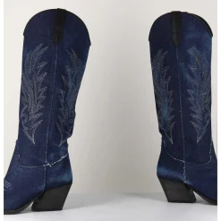 Santiags Hautes En Jean Bleu & Cuir Noir - Pe3037 Jeans
