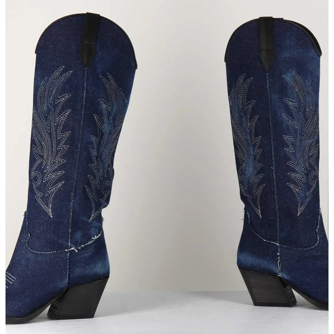 Santiags Hautes En Jean Bleu & Cuir Noir - Pe3037 Jeans