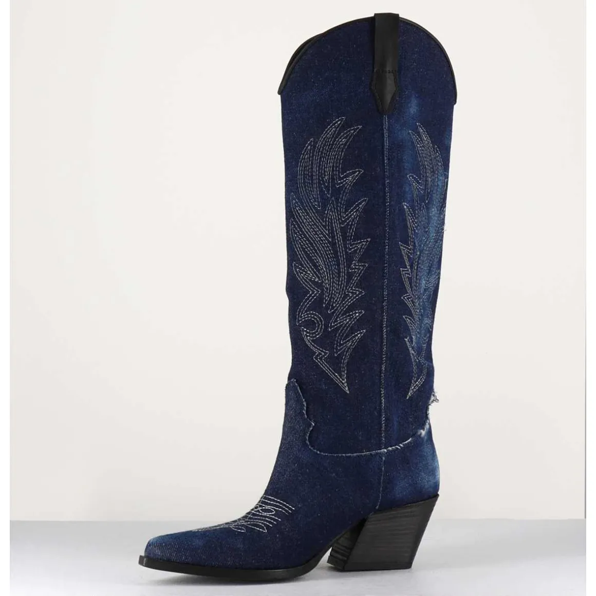 Santiags Hautes En Jean Bleu & Cuir Noir - Pe3037 Jeans
