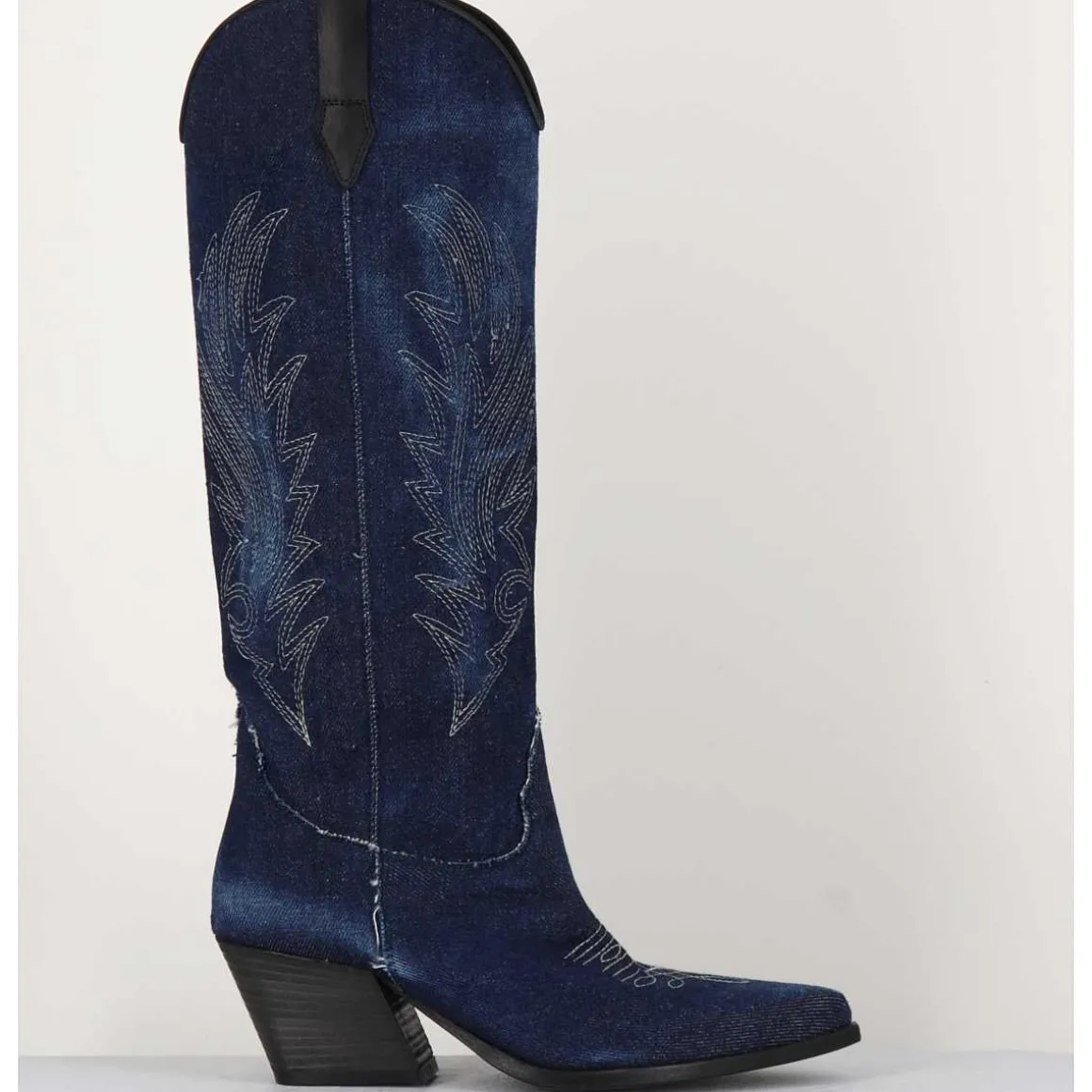Santiags Hautes En Jean Bleu & Cuir Noir - Pe3037 Jeans