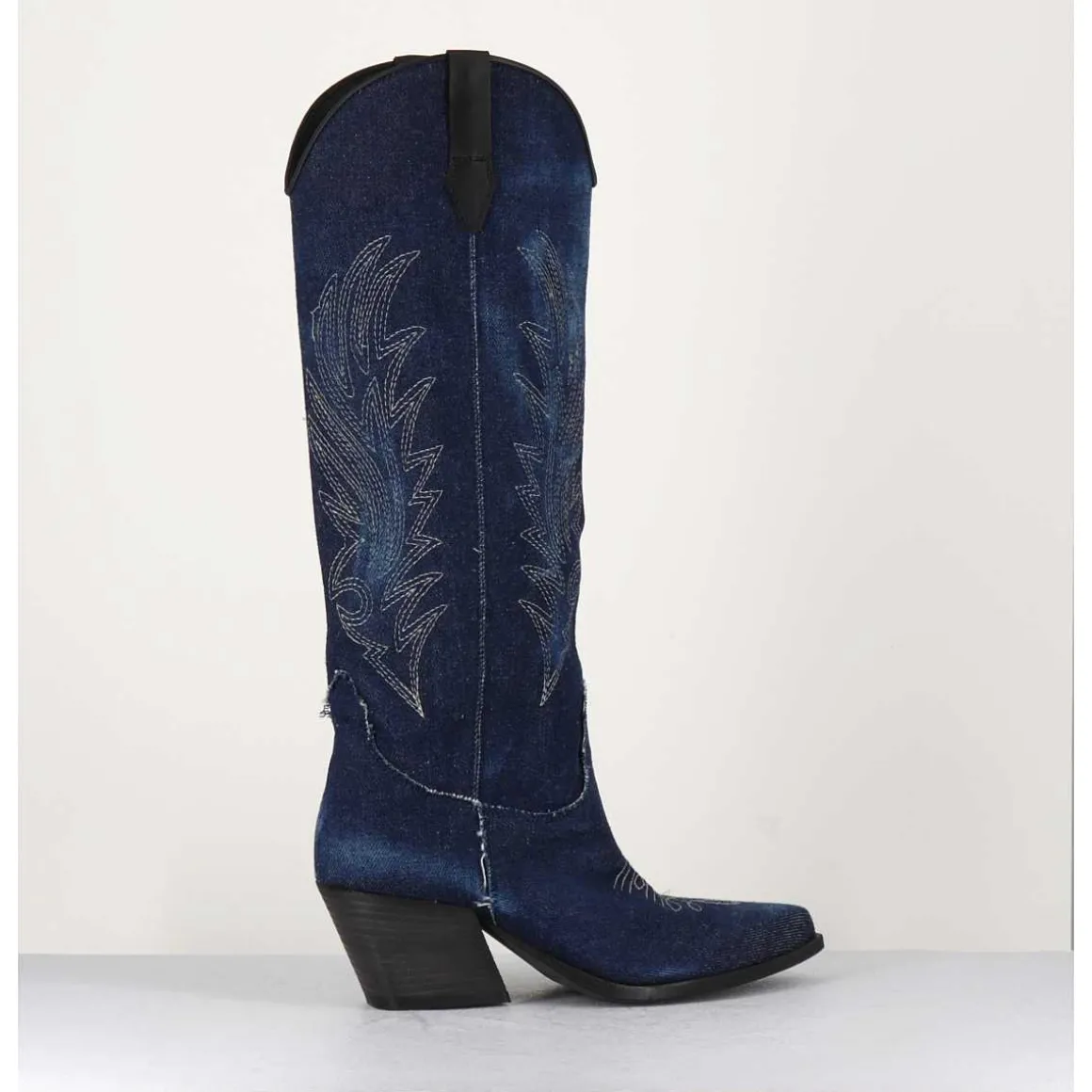 Santiags Hautes En Jean Bleu & Cuir Noir - Pe3037 Jeans