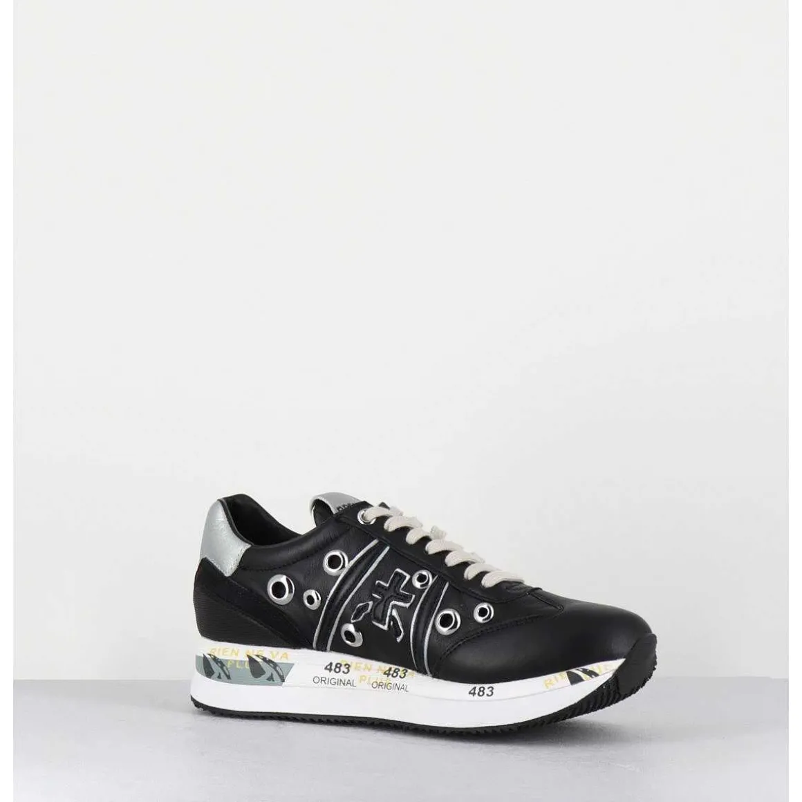 Sneakers Double Semelle Cuir Noir & Rivets - Conny 6553