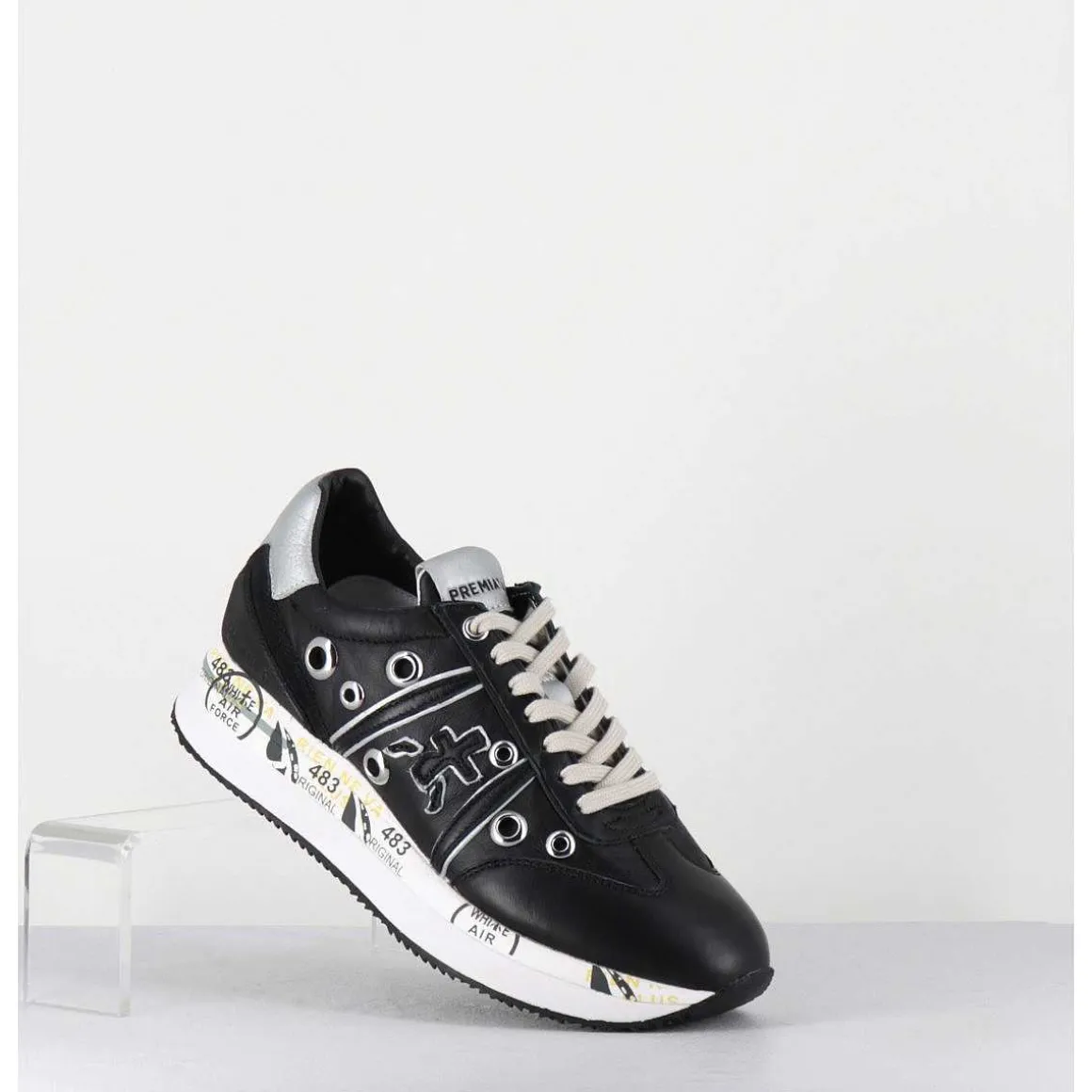 Sneakers Double Semelle Cuir Noir & Rivets - Conny 6553