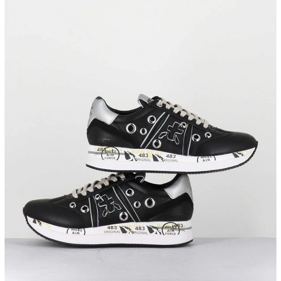 Sneakers Double Semelle Cuir Noir & Rivets - Conny 6553