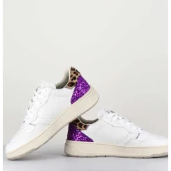 Sneakers En Cuir Blanc & Glitter Violet - Timeless Low