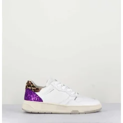 Sneakers En Cuir Blanc & Glitter Violet - Timeless Low
