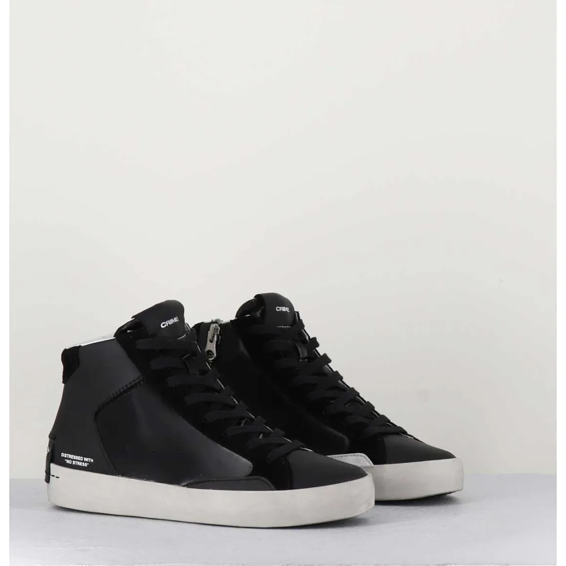 Sneakers Hautes Cuir Noir & Zip - Distressed High Black