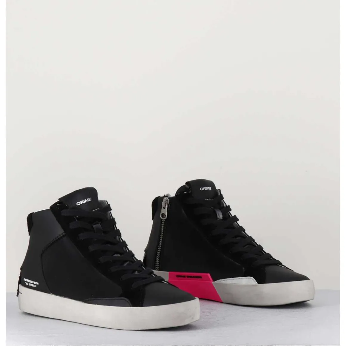 Sneakers Hautes Cuir Noir & Zip - Distressed High Black