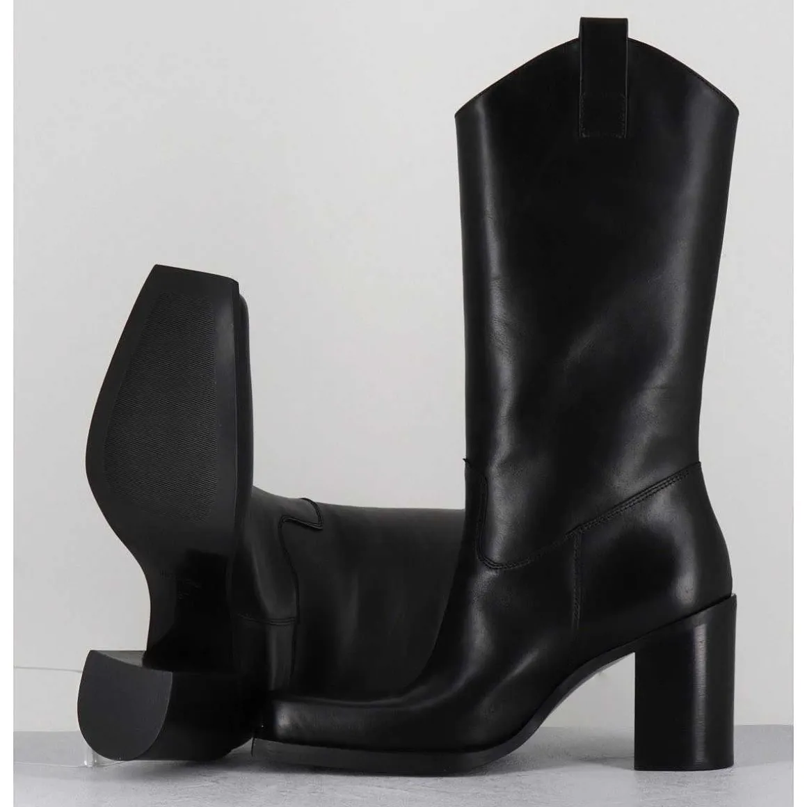 Texan Boots Bout Carre En Cuir Noir - E3656 Nero