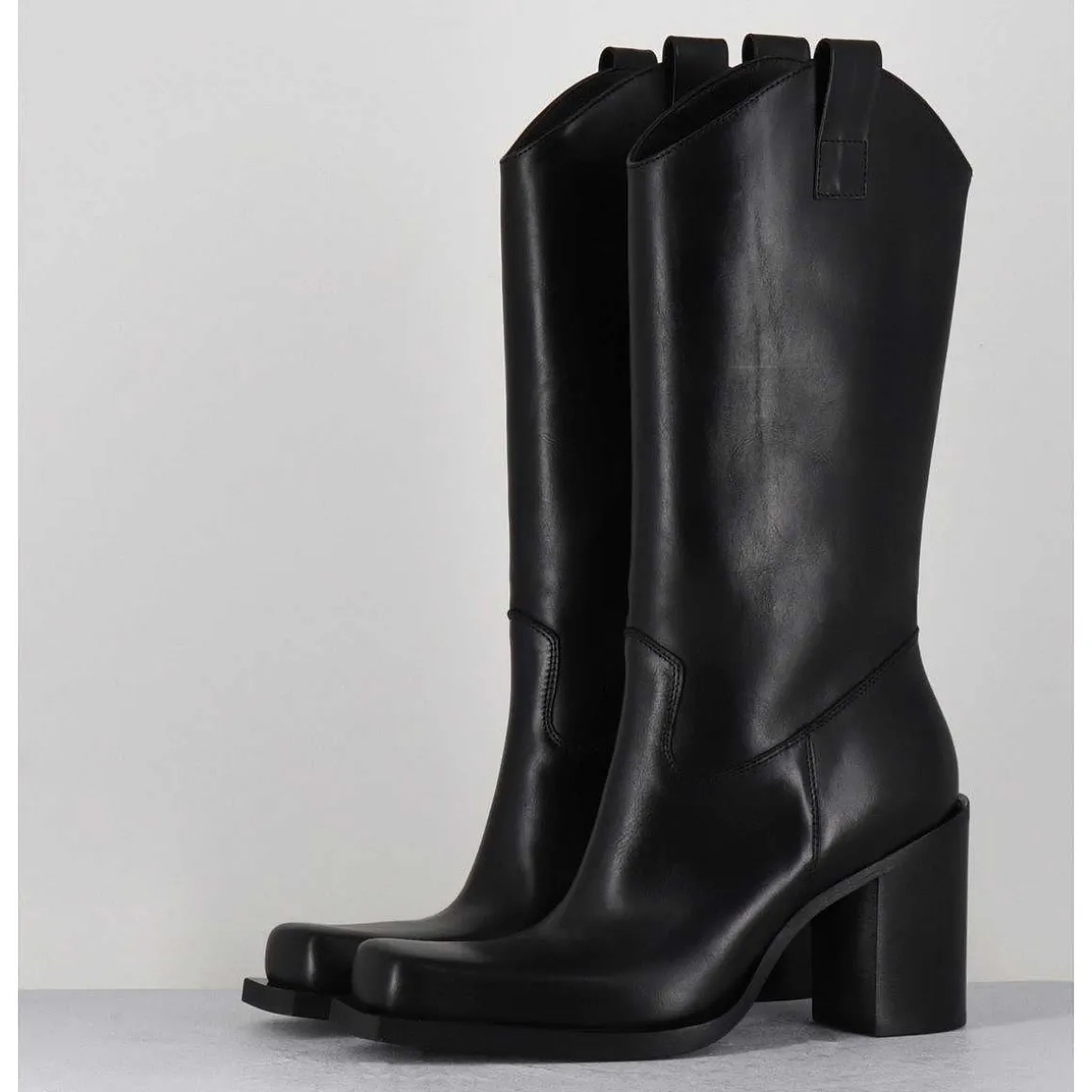 Texan Boots Bout Carre En Cuir Noir - E3656 Nero