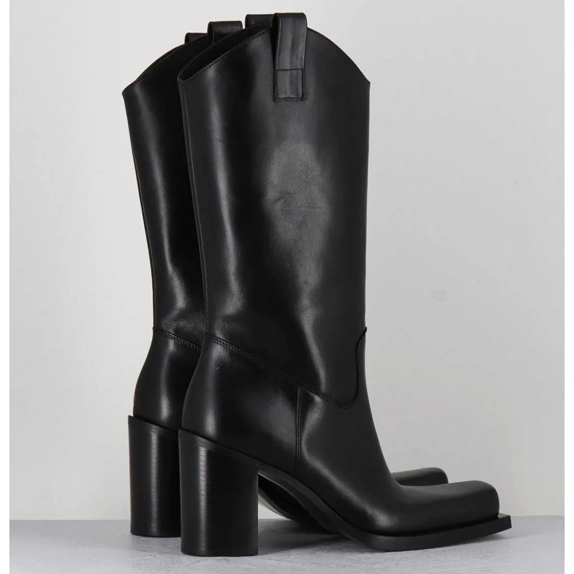 Texan Boots Bout Carre En Cuir Noir - E3656 Nero