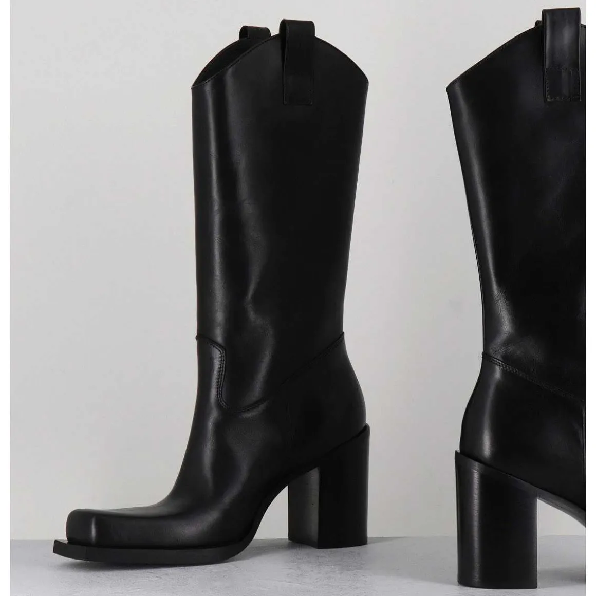 Texan Boots Bout Carre En Cuir Noir - E3656 Nero