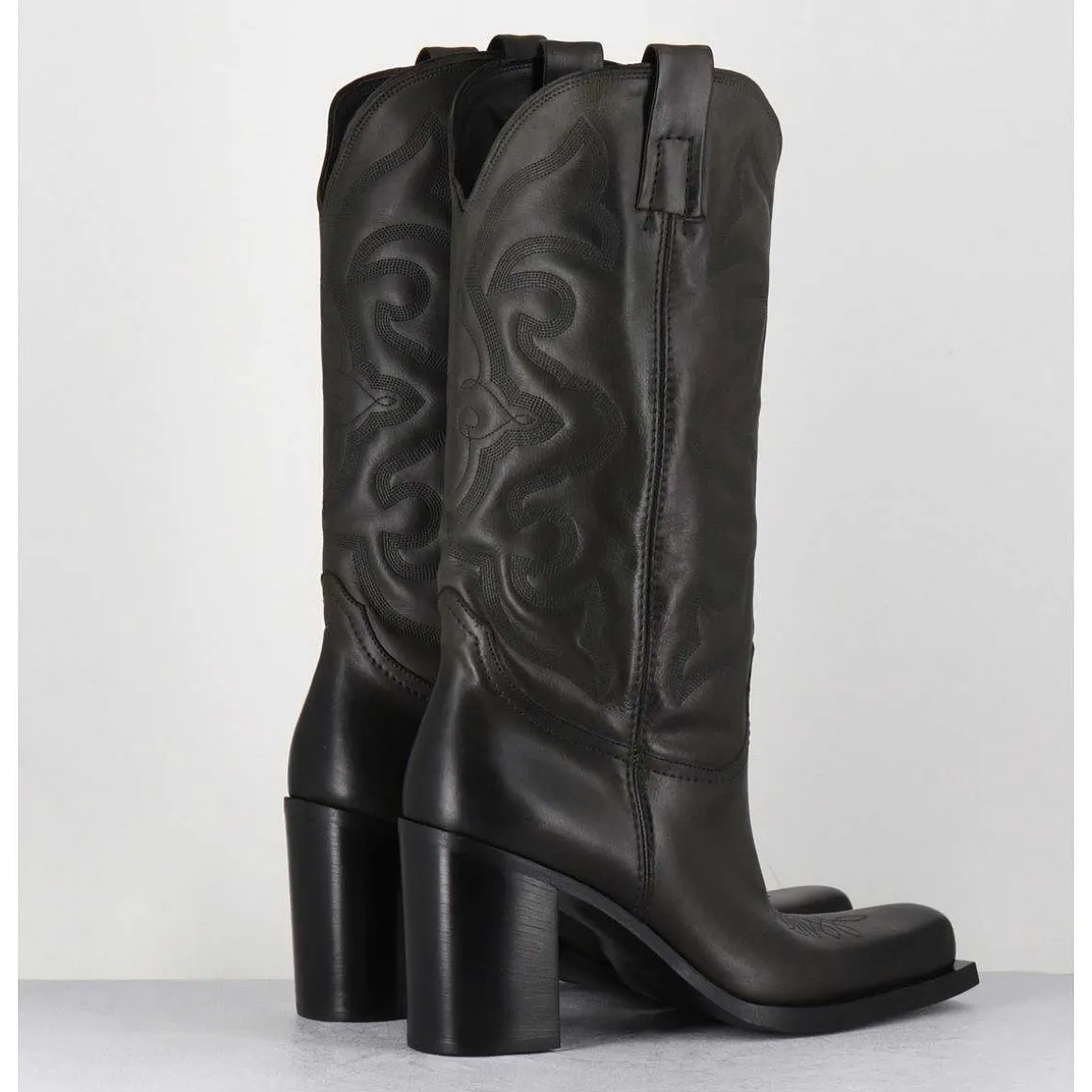 Texan Boots Bout Carre En Cuir Khaki & Surpiqures - E3660 Militare