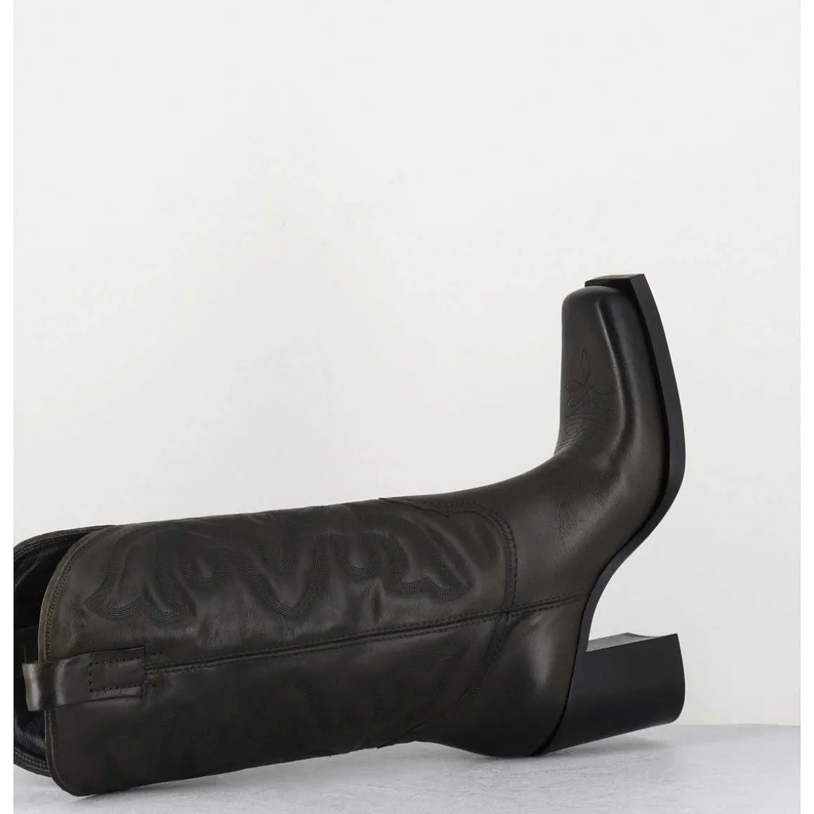Texan Boots Bout Carre En Cuir Khaki & Surpiqures - E3660 Militare
