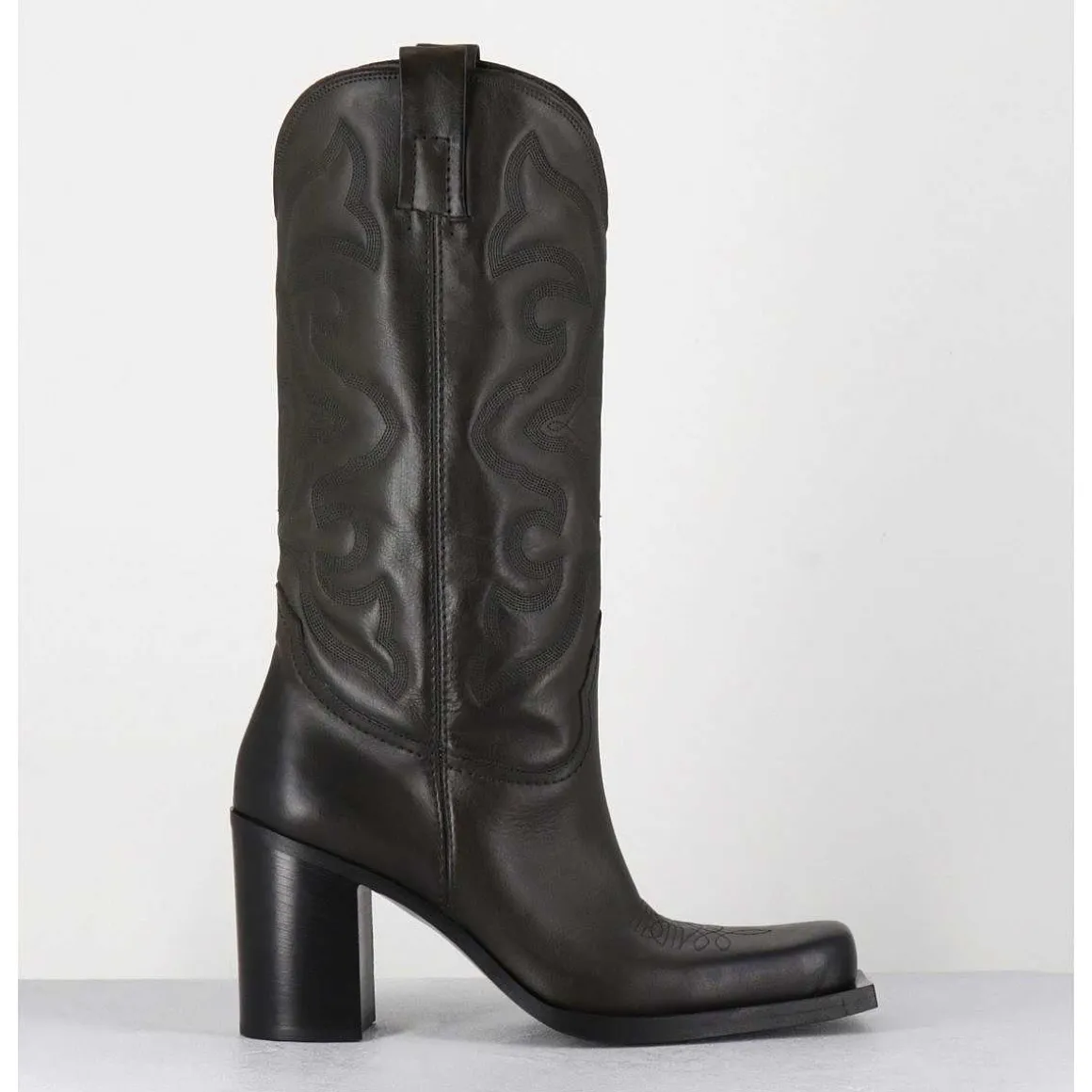 Texan Boots Bout Carre En Cuir Khaki & Surpiqures - E3660 Militare