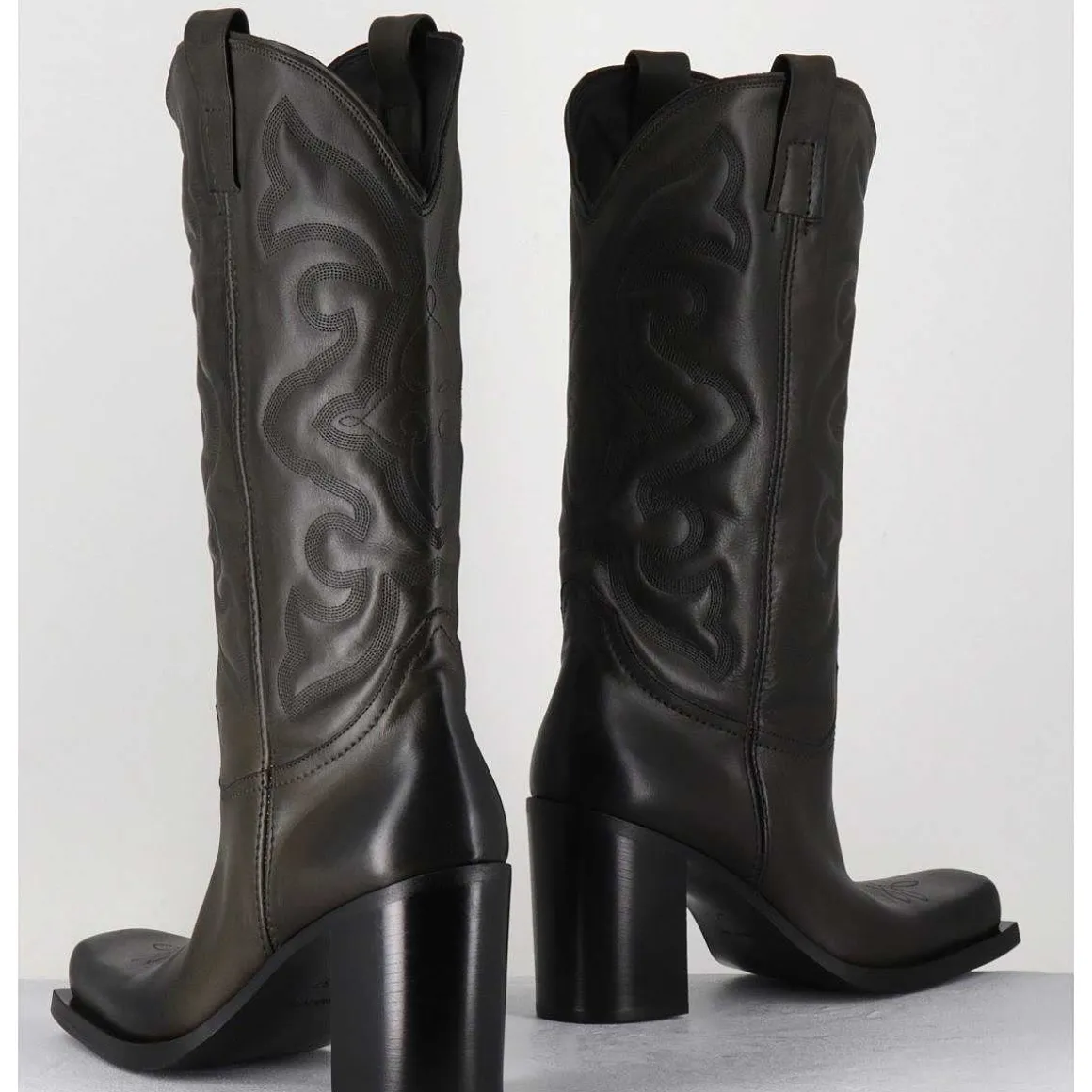Texan Boots Bout Carre En Cuir Khaki & Surpiqures - E3660 Militare