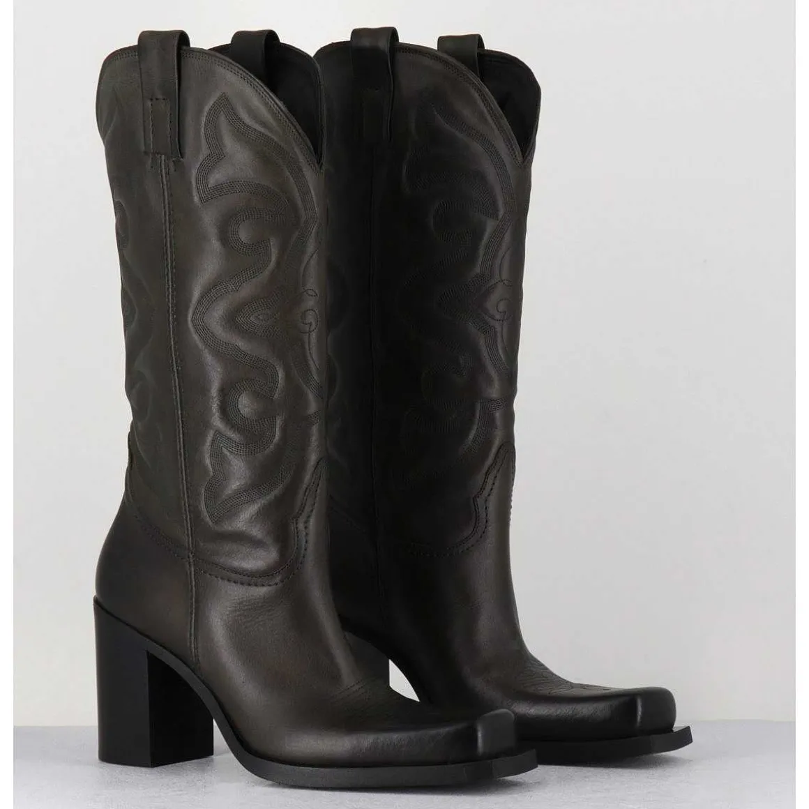 Texan Boots Bout Carre En Cuir Khaki & Surpiqures - E3660 Militare