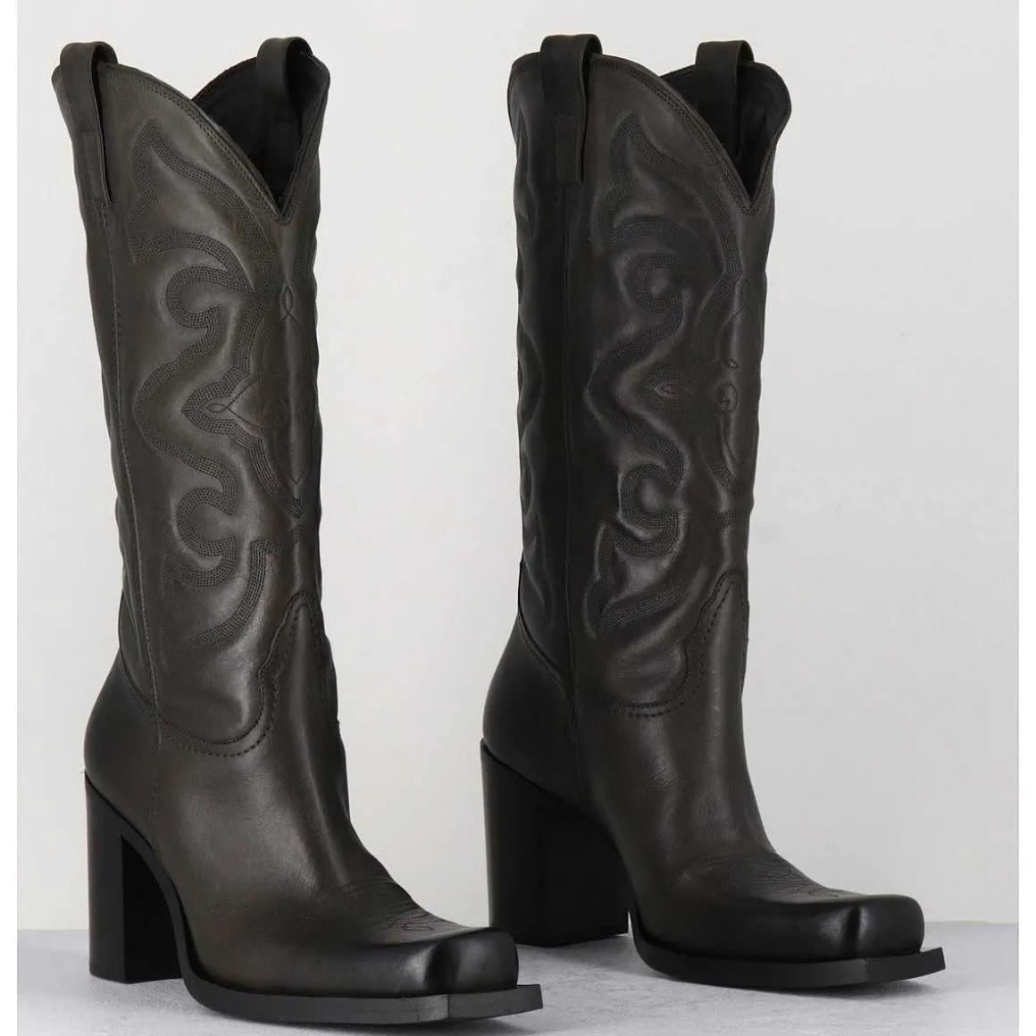 Texan Boots Bout Carre En Cuir Khaki & Surpiqures - E3660 Militare