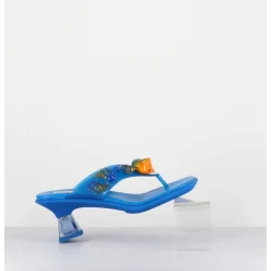 Tong Cuir Bleu & Plexi Ornees De Coquillages - Oceane Blue Sandals