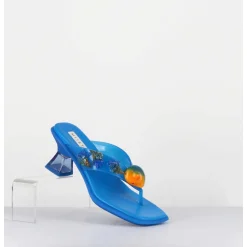 Tong Cuir Bleu & Plexi Ornees De Coquillages - Oceane Blue Sandals