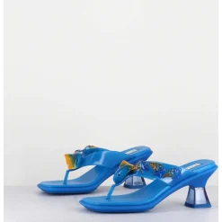 Tong Cuir Bleu & Plexi Ornees De Coquillages - Oceane Blue Sandals