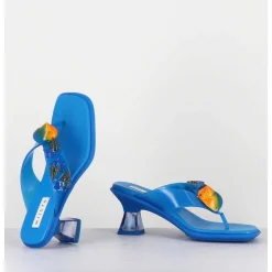 Tong Cuir Bleu & Plexi Ornees De Coquillages - Oceane Blue Sandals