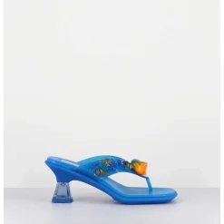 Tong Cuir Bleu & Plexi Ornees De Coquillages - Oceane Blue Sandals